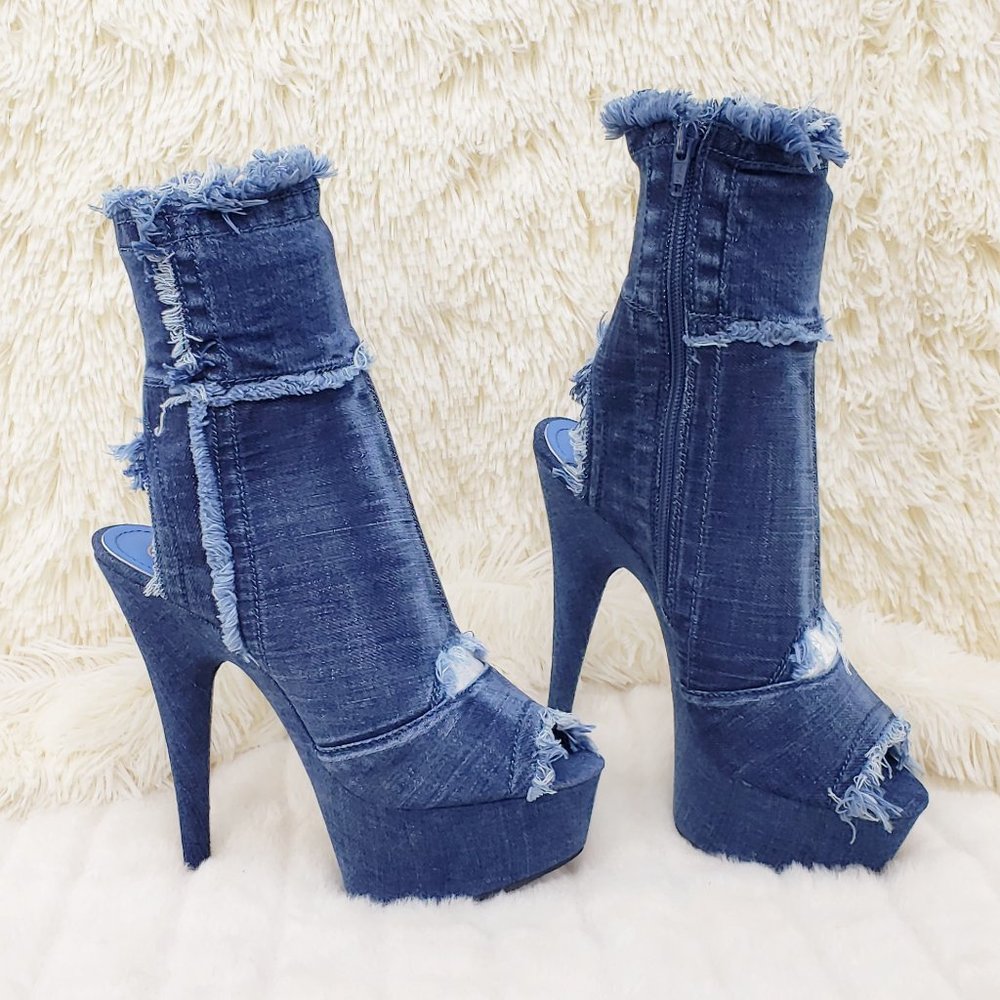 Stretch Denim Frayed Trim Ankle Boots 6" Heels_2